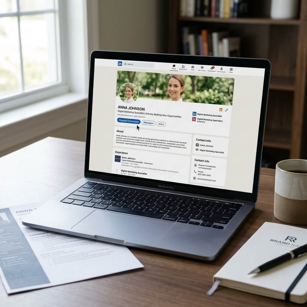 Professional at a desk with laptop-suggesting profile and resume polish alongside a headshot