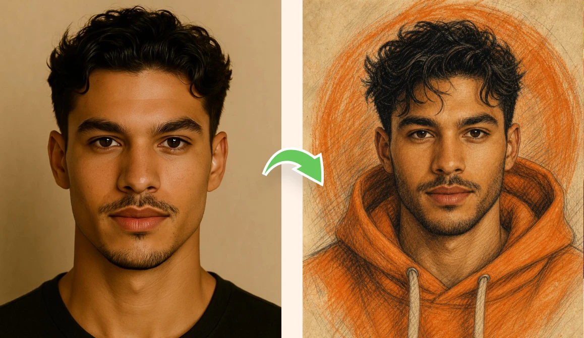 AI self-portrait example — the same selfie turned into an oil painting that still looks like the person