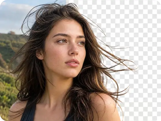 Portrait with flyaway hair, background marked for removal so strands stay with the person