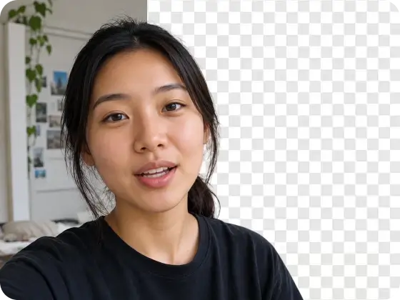 Talking-head video still with the room behind the person marked for AI background removal