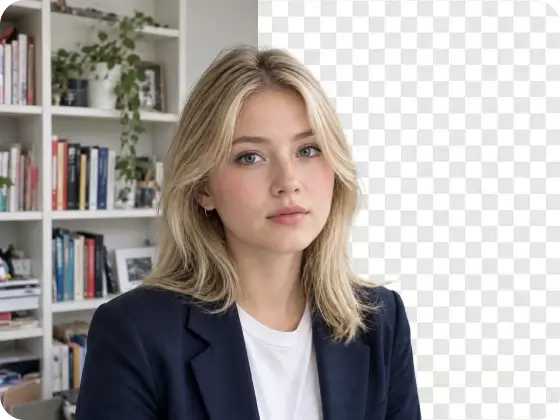 Portrait in a cluttered room with the background marked for AI removal