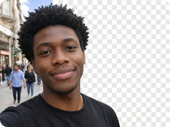 Street selfie with a busy sidewalk background marked for AI removal