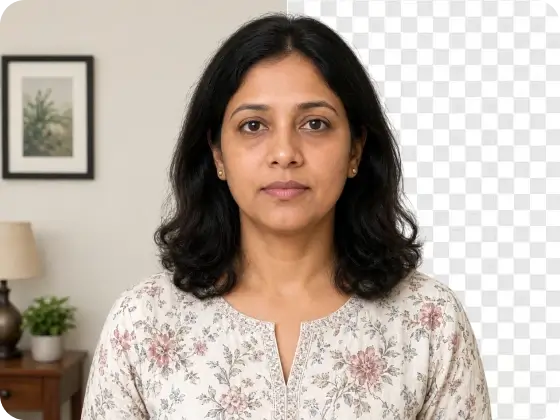 Front-facing portrait in a living room with the background marked for AI removal